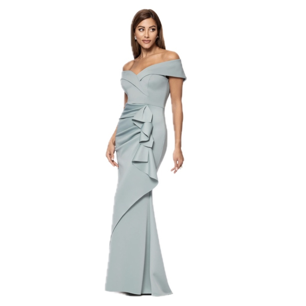 NWT XCAPE Patti Long Off-the-Shoulder Scuba Crepe Dress Sage Color $298